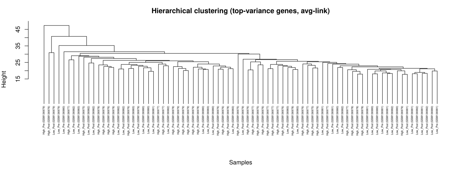 Hierarchical clustering (average linkage). Branches do not split cleanly by BMD — consistent with the PCA.