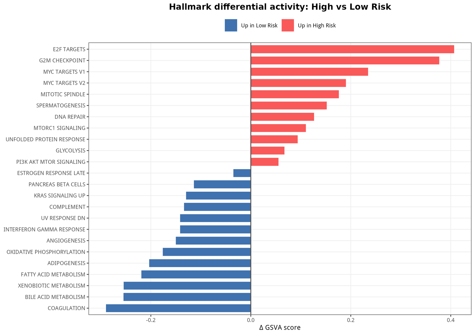 High vs Low 风险组差异 Hallmark 通路 Δ GSVA 排序。11 个通路在高风险组显著上调（红） —— G2M_CHECKPOINT（p = 3.6e-30，Δ = +0.38）、E2F_TARGETS（p = 7.0e