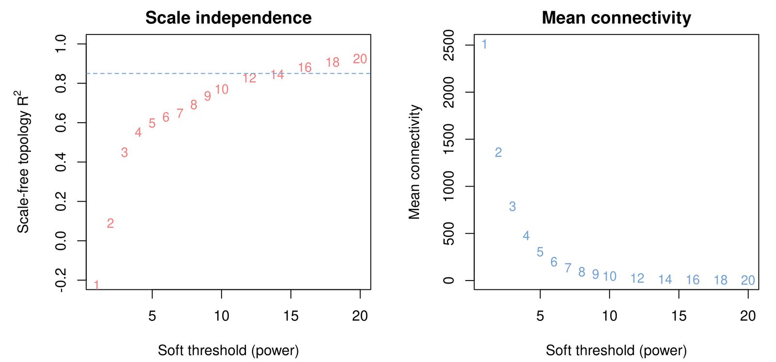 Soft-threshold scan — scale-free topology R² and mean connectivity.